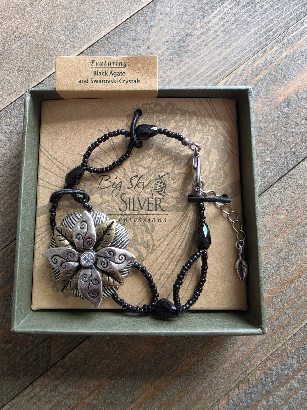 Swarovsky Crystal Accent Black Agate Floral Bracelet,